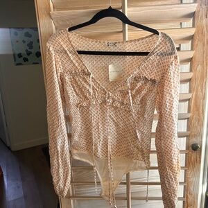 Free People Cream and Brown Patterned Blouse